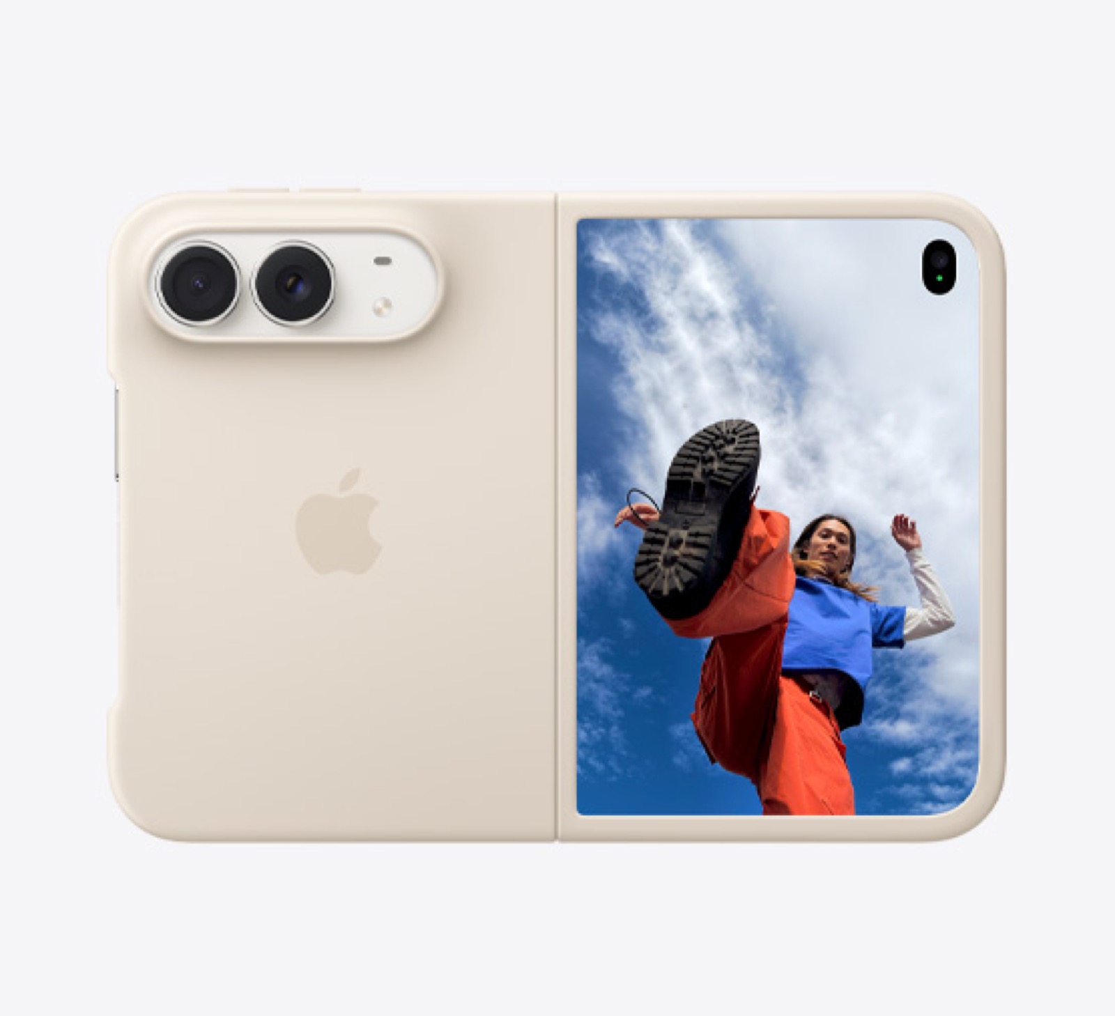 The iPhone Duo opened, showing its rear cameras and inner display