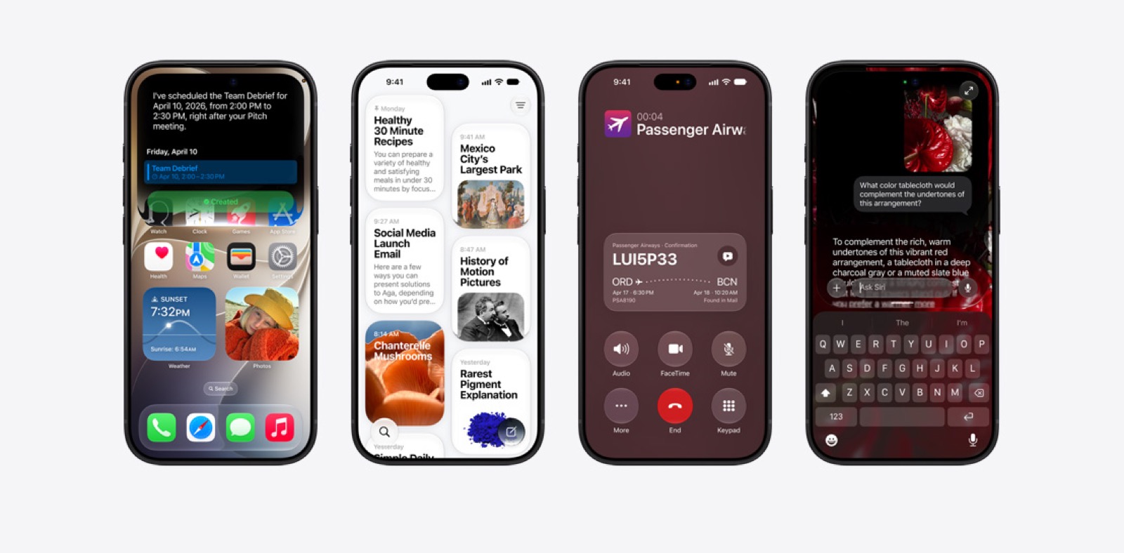 Four iPhones showing different iOS apps