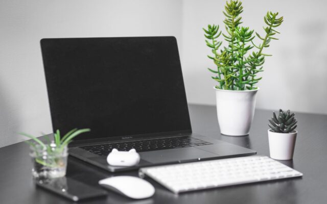 A MacBook Pro on a desk with a keyboard, mouse and plants