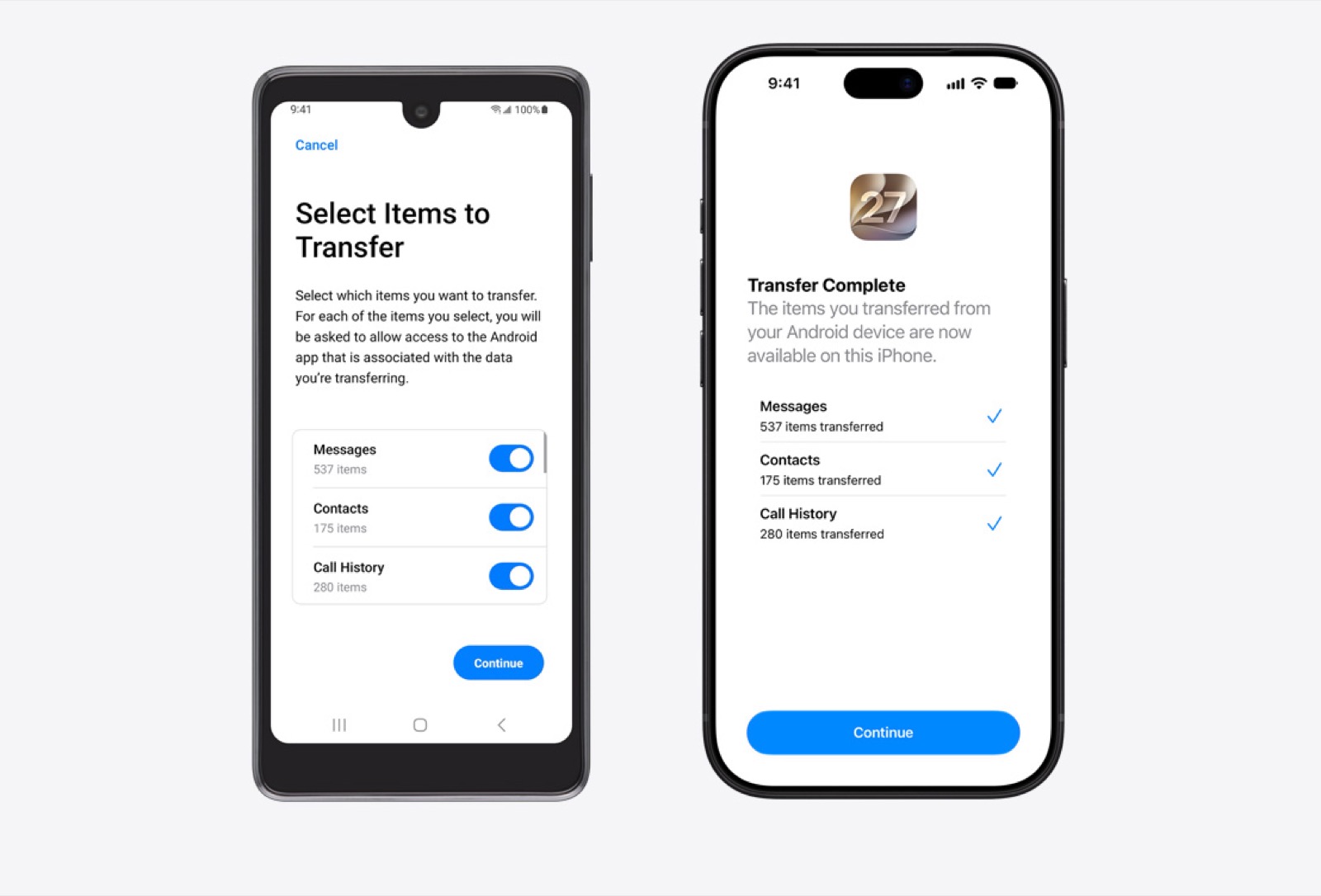Two phones showing the screens for choosing which data to move to a new iPhone
