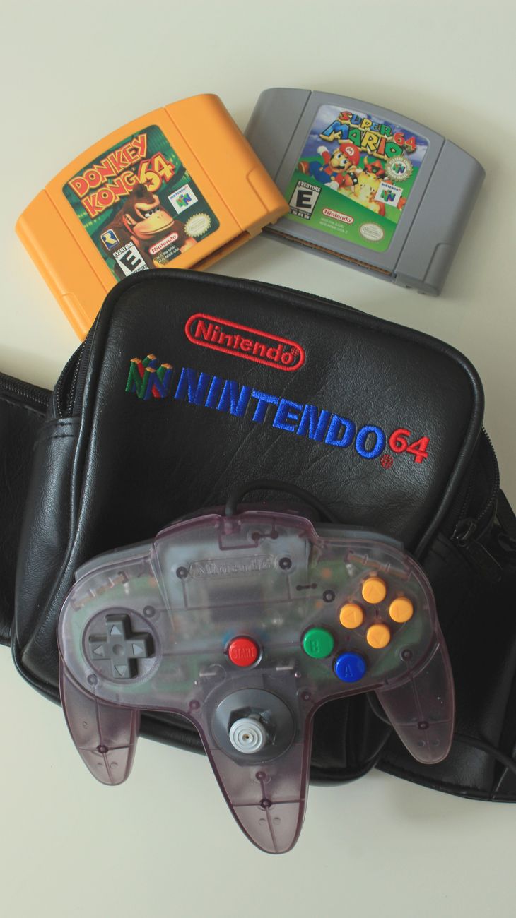 A Nintendo 64 controller with a Super Mario 64 cartridge