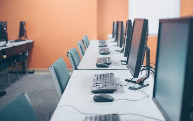 A row of desktop computers in an office