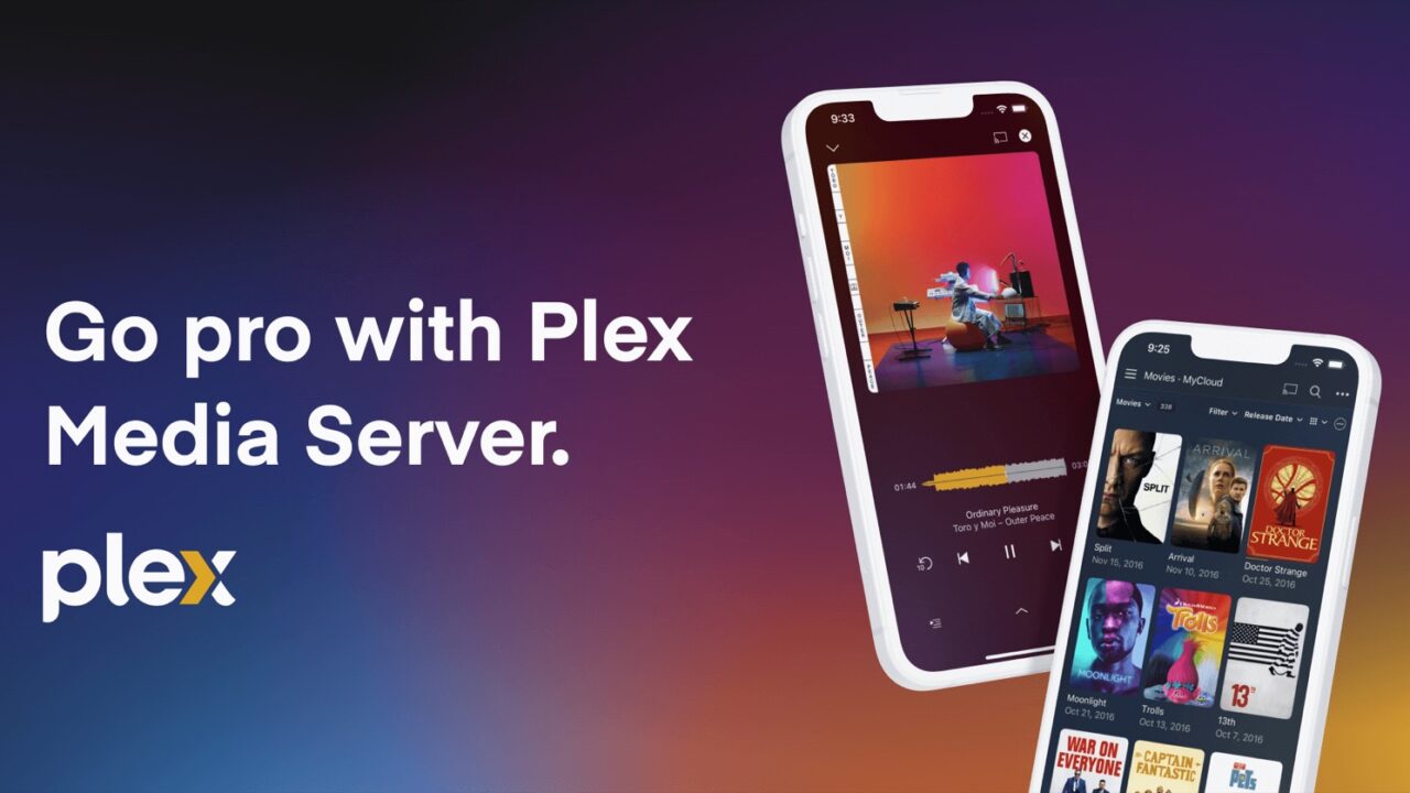Plex Media Server promotional image with the Plex app on two phones