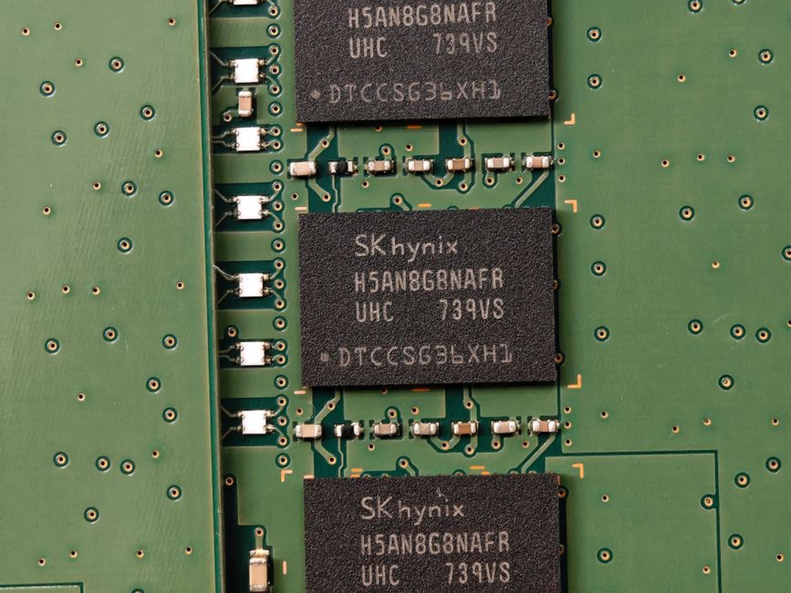 Close-up of SK hynix DRAM chips on a memory module