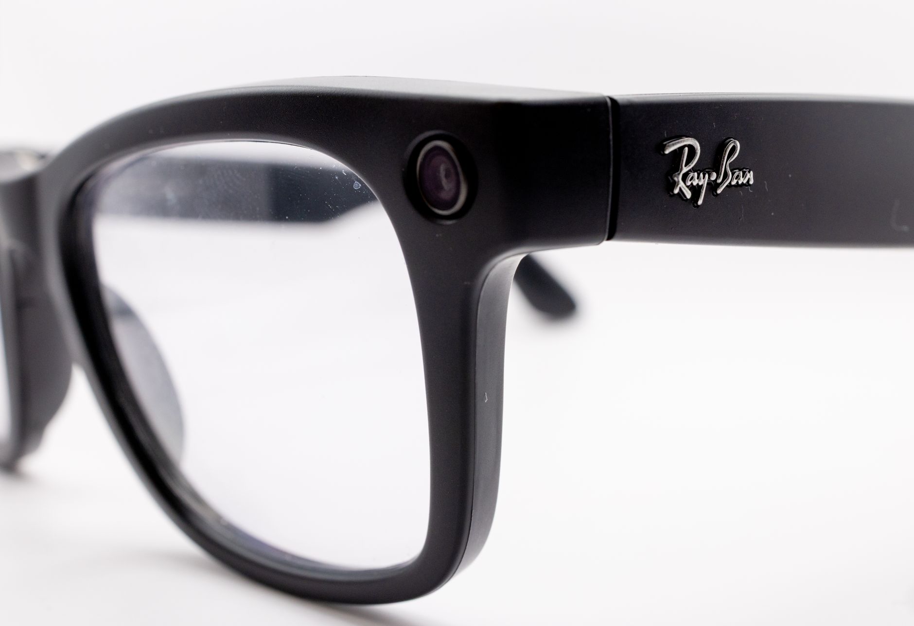 Close-up of Ray-Ban smart glasses with a built-in camera
