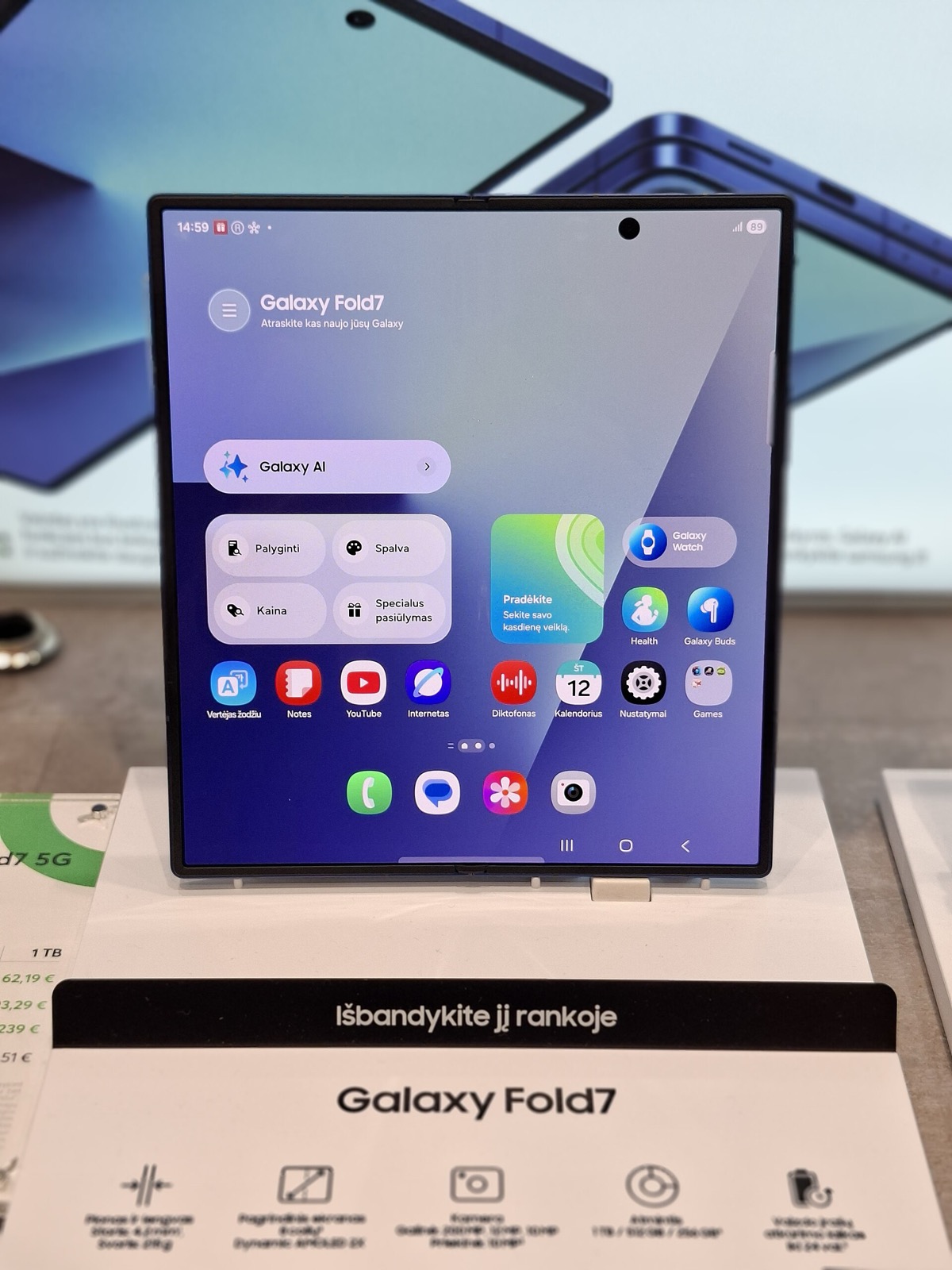 A Samsung Galaxy Z Fold 7 unfolded on a store display