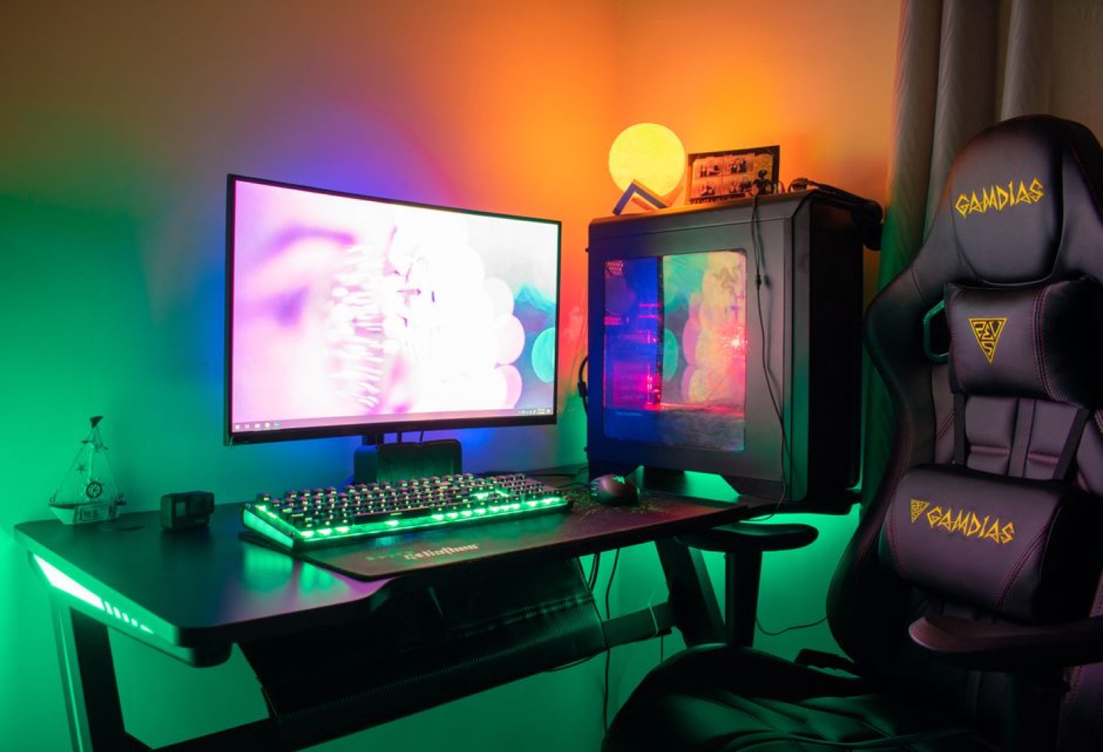 A colorful PC gaming setup