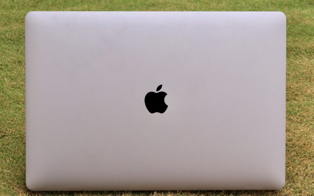 Apple MacBook Pro (2017) with monitor opened with grass as background