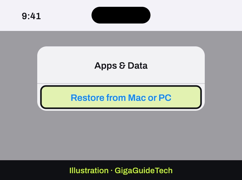 Illustration: Apps & Data > Restore from Mac or PC